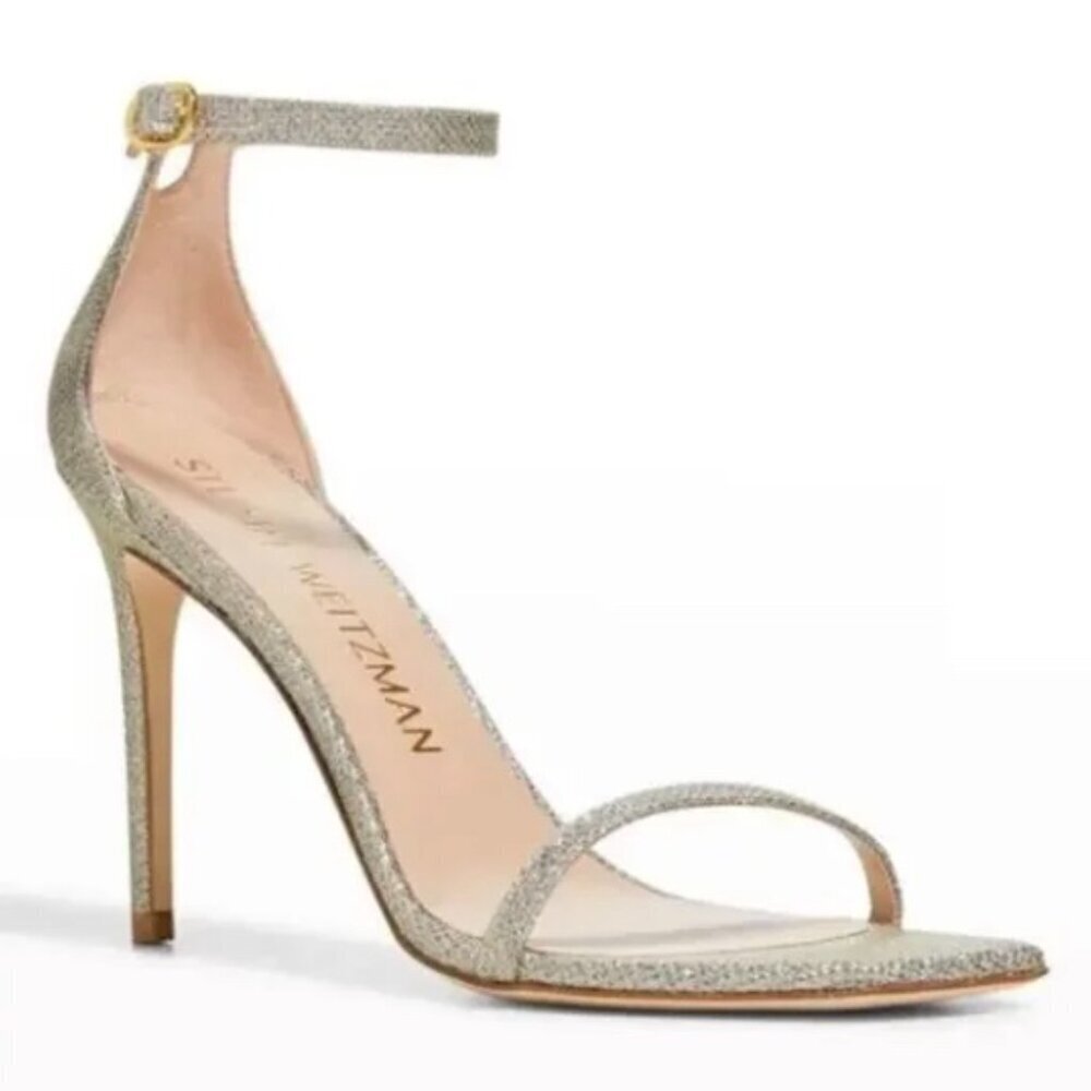 Stuart Weitzman Nudistcurve Strappy Silver Sandals Heels Sparkle Glitter Size 8